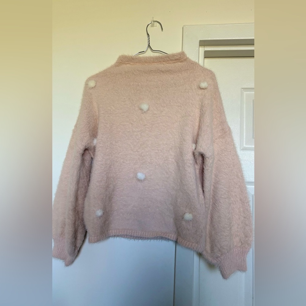 Soft Pink Pom-Pom Fuzzy Crewneck Sweater